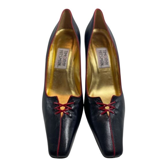 Timothy Hitsman Vintage Black Pointy Red Lace Up Detail Size 8.5 Punps Heels - Picture 1 of 8